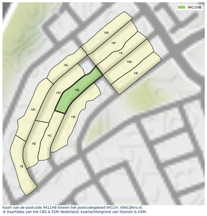 Afbeelding van het postcodegebied 9411 HB op de kaart.