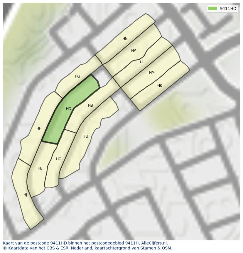Afbeelding van het postcodegebied 9411 HD op de kaart.