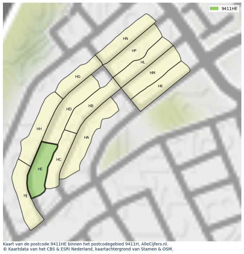 Afbeelding van het postcodegebied 9411 HE op de kaart.