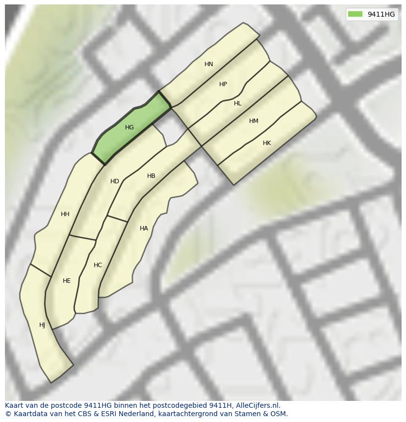 Afbeelding van het postcodegebied 9411 HG op de kaart.