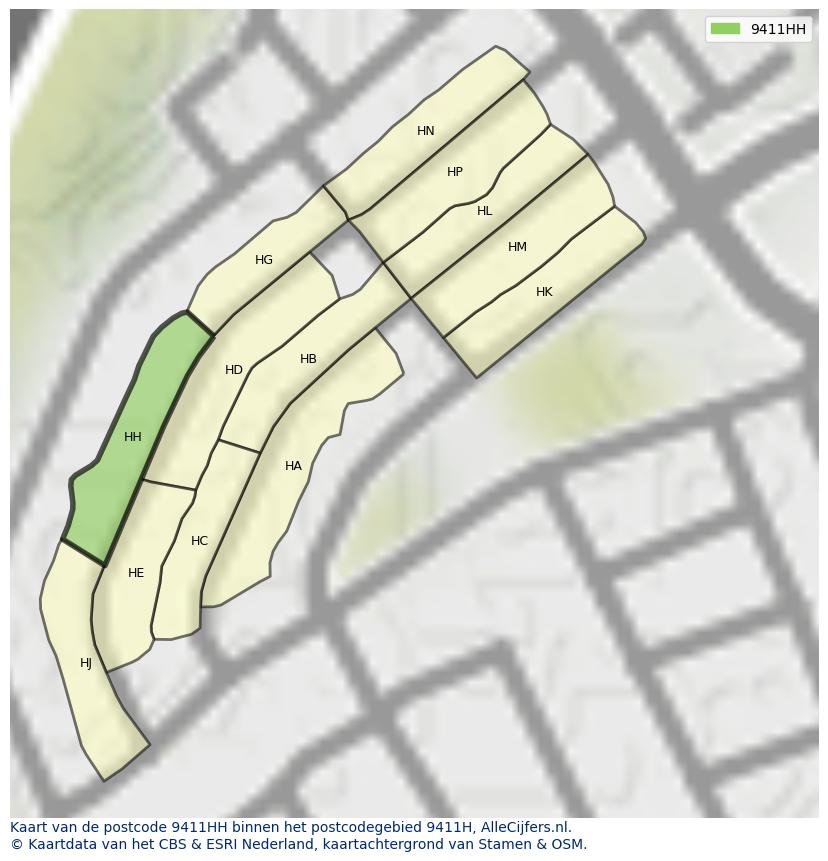Afbeelding van het postcodegebied 9411 HH op de kaart.