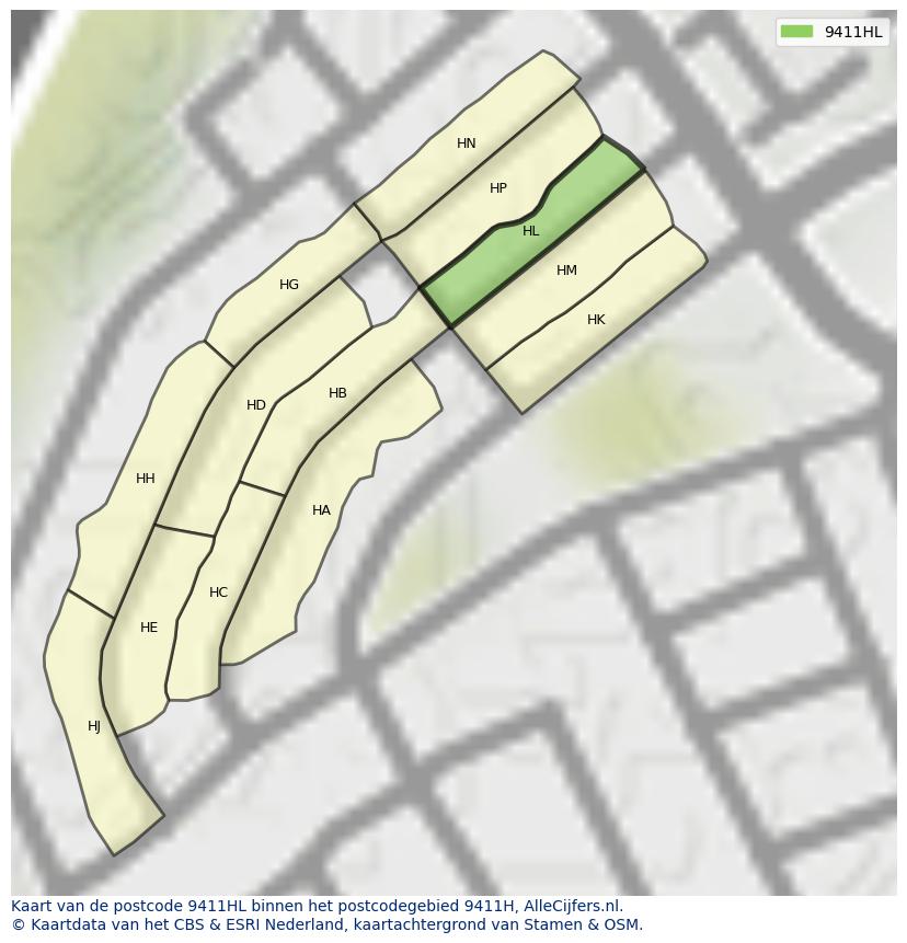 Afbeelding van het postcodegebied 9411 HL op de kaart.