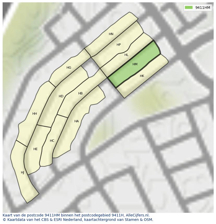 Afbeelding van het postcodegebied 9411 HM op de kaart.