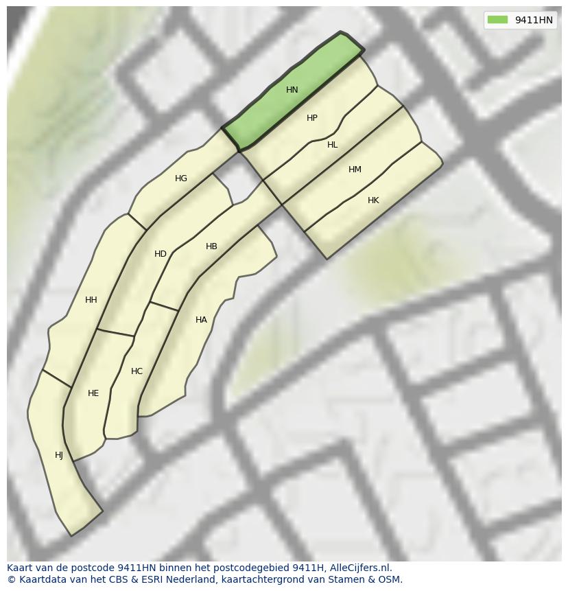 Afbeelding van het postcodegebied 9411 HN op de kaart.