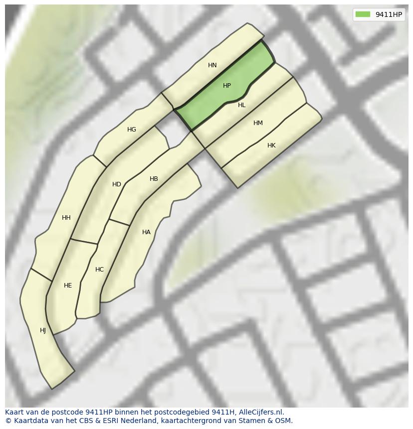 Afbeelding van het postcodegebied 9411 HP op de kaart.