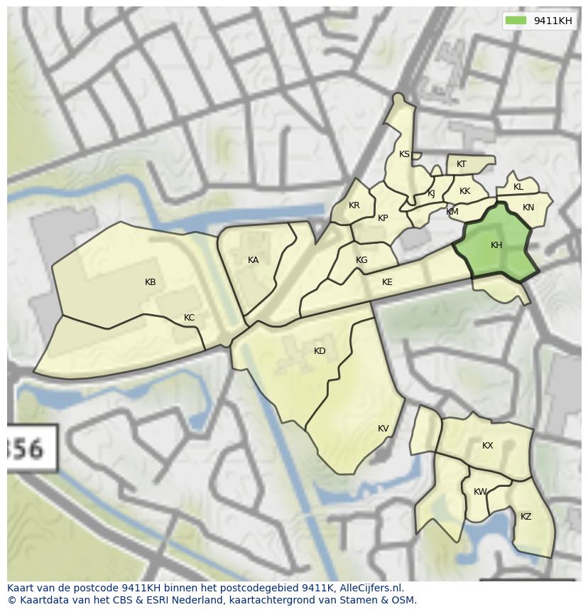 Afbeelding van het postcodegebied 9411 KH op de kaart.