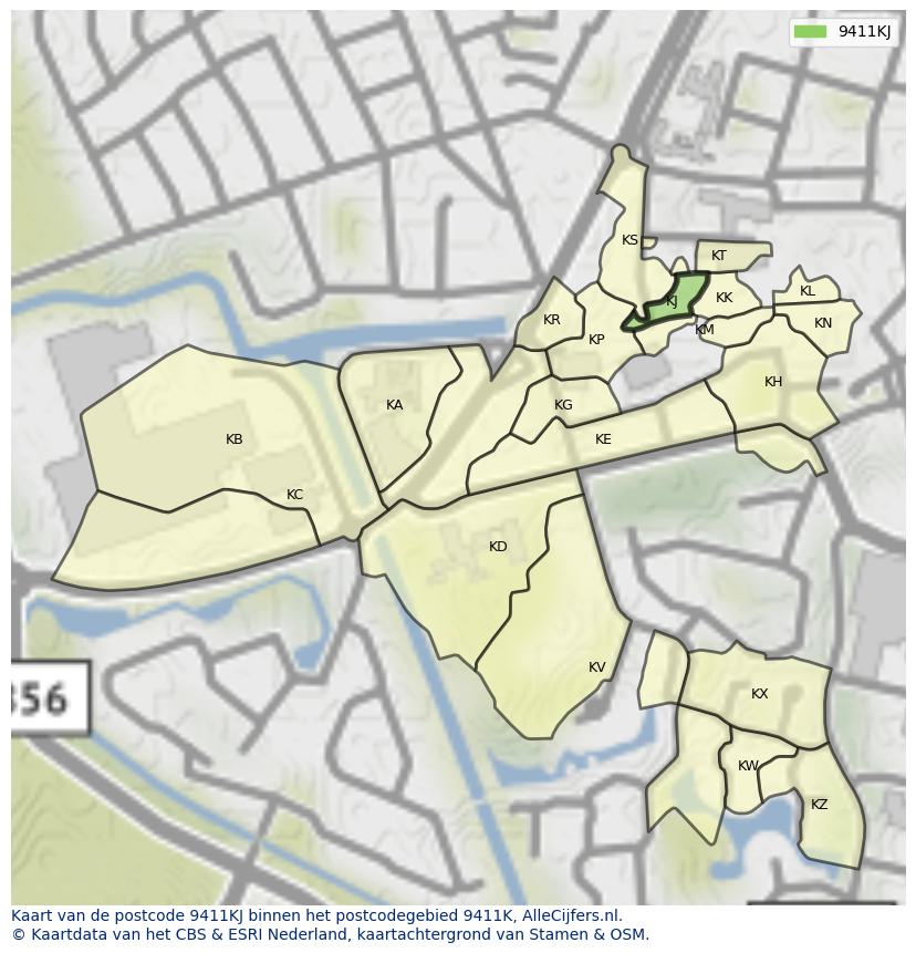 Afbeelding van het postcodegebied 9411 KJ op de kaart.