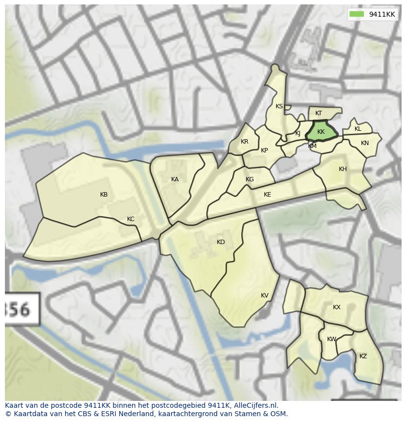 Afbeelding van het postcodegebied 9411 KK op de kaart.
