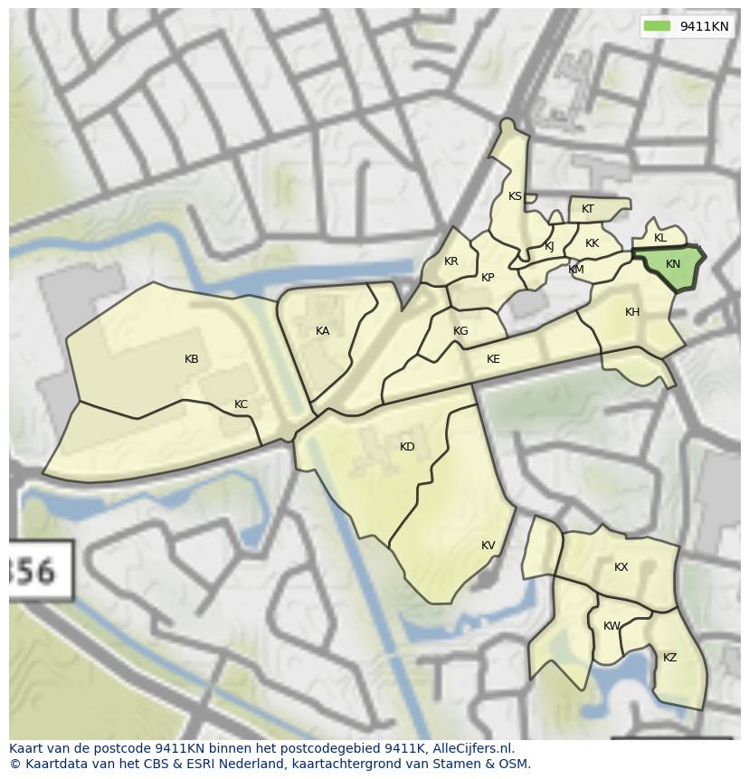Afbeelding van het postcodegebied 9411 KN op de kaart.