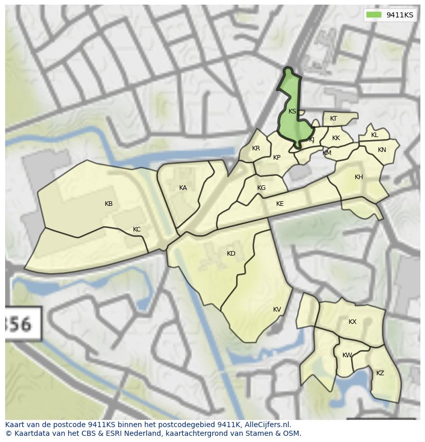 Afbeelding van het postcodegebied 9411 KS op de kaart.