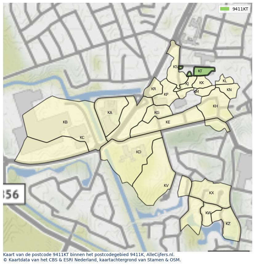 Afbeelding van het postcodegebied 9411 KT op de kaart.