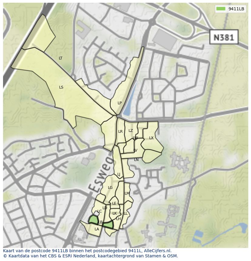 Afbeelding van het postcodegebied 9411 LB op de kaart.