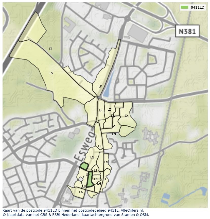 Afbeelding van het postcodegebied 9411 LD op de kaart.