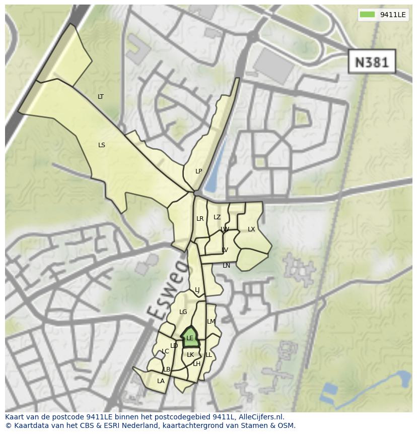 Afbeelding van het postcodegebied 9411 LE op de kaart.