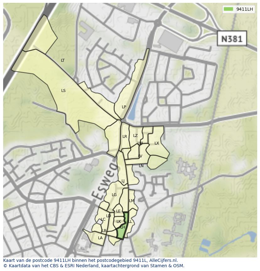 Afbeelding van het postcodegebied 9411 LH op de kaart.