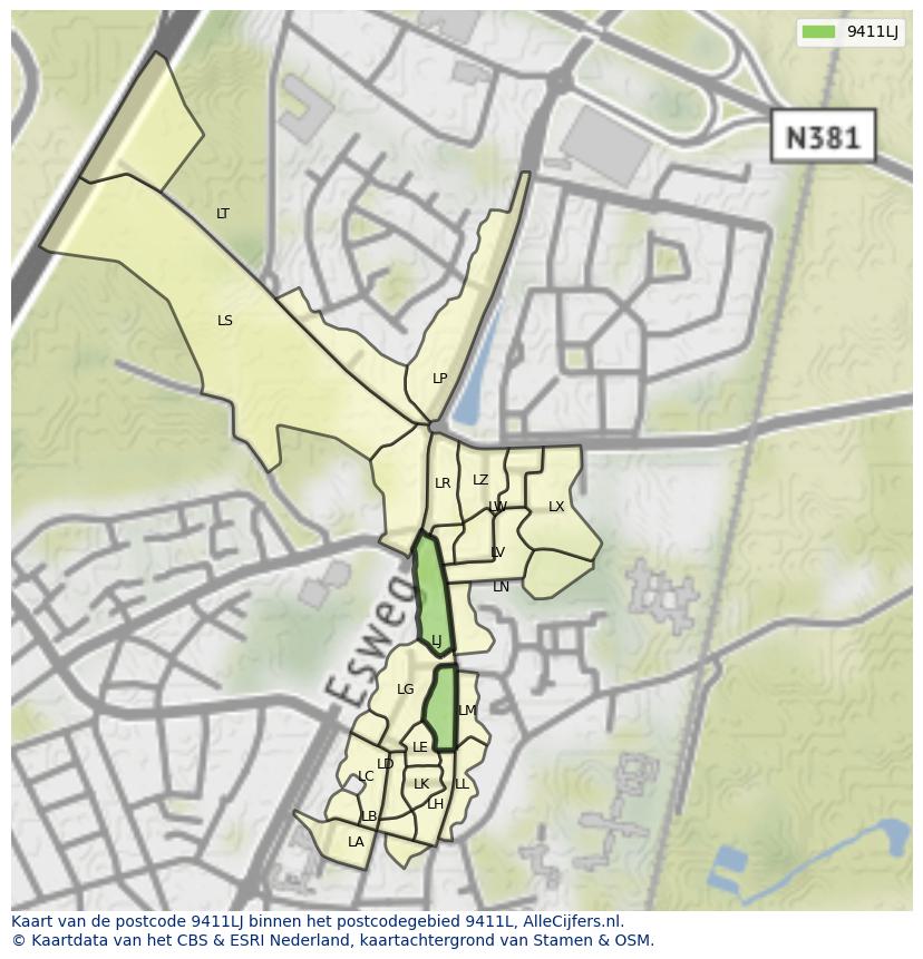 Afbeelding van het postcodegebied 9411 LJ op de kaart.