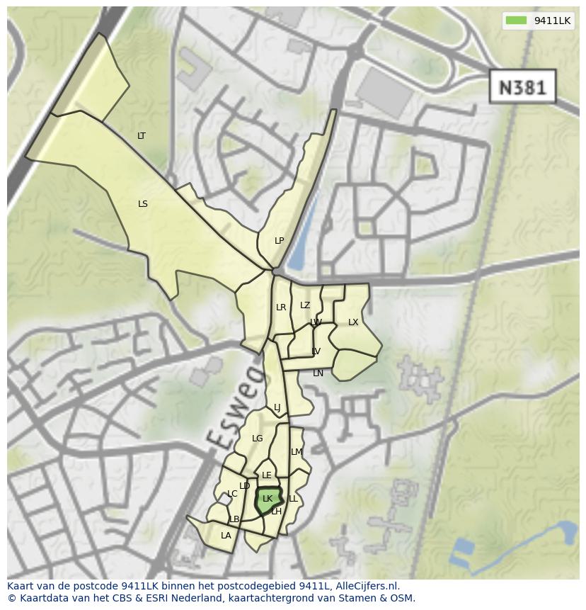 Afbeelding van het postcodegebied 9411 LK op de kaart.