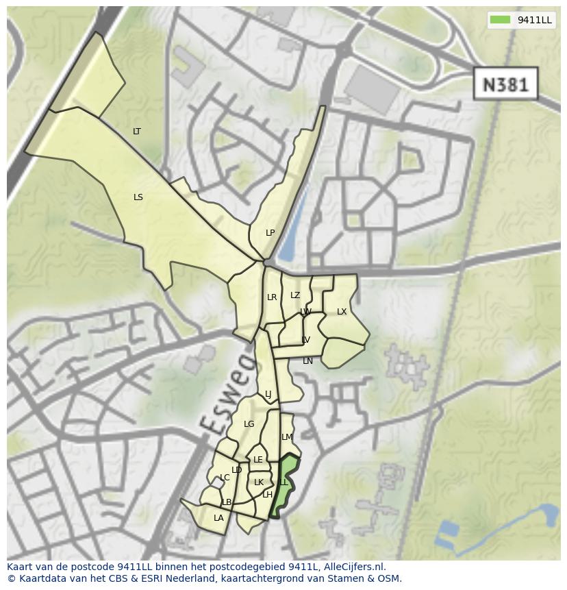 Afbeelding van het postcodegebied 9411 LL op de kaart.