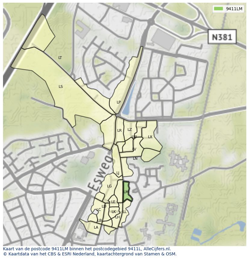 Afbeelding van het postcodegebied 9411 LM op de kaart.