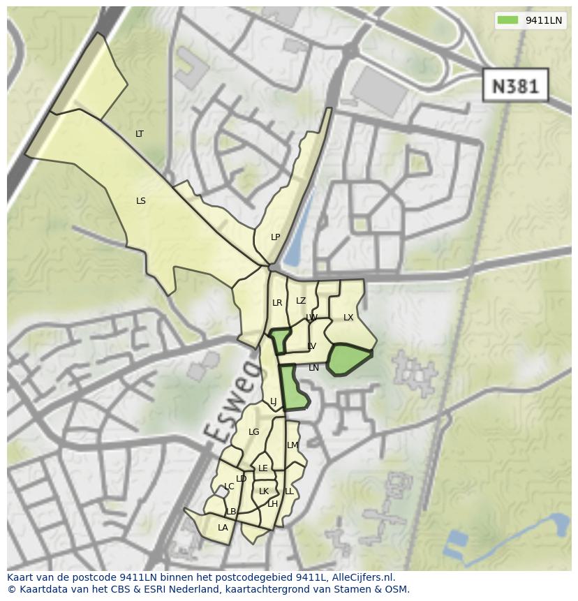 Afbeelding van het postcodegebied 9411 LN op de kaart.