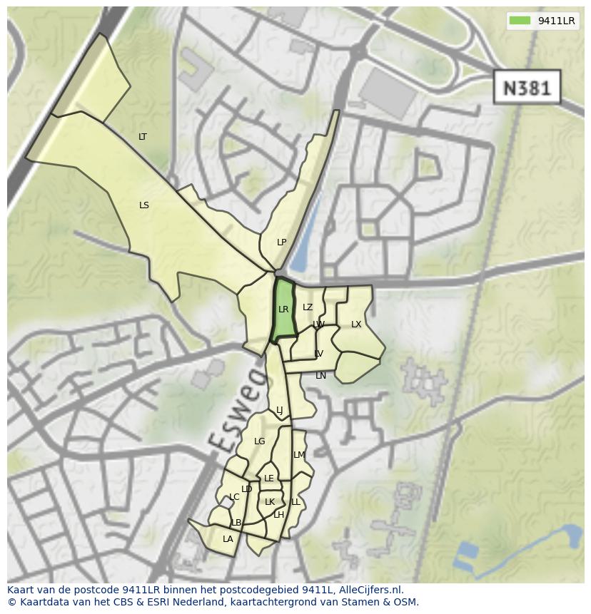 Afbeelding van het postcodegebied 9411 LR op de kaart.