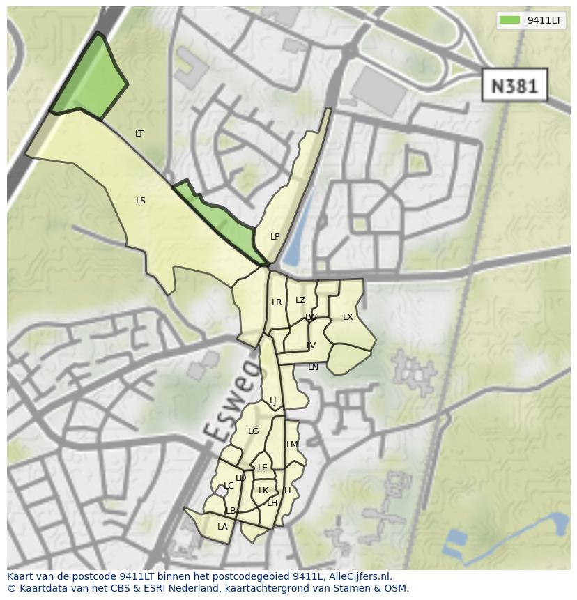 Afbeelding van het postcodegebied 9411 LT op de kaart.
