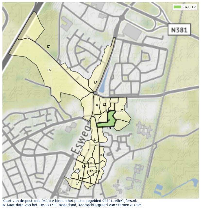 Afbeelding van het postcodegebied 9411 LV op de kaart.