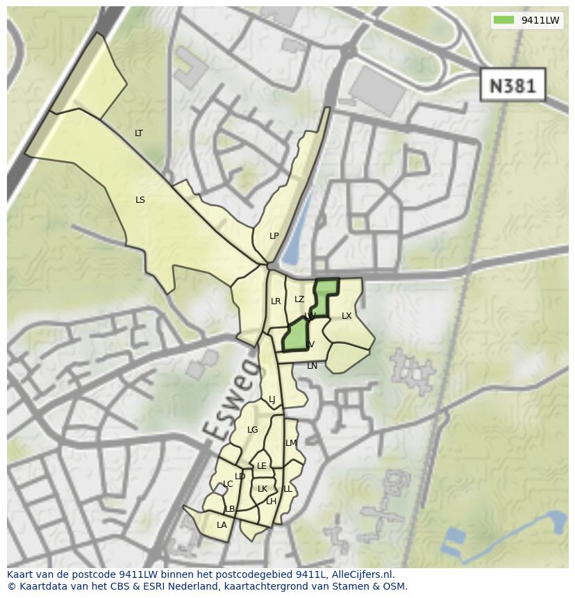 Afbeelding van het postcodegebied 9411 LW op de kaart.
