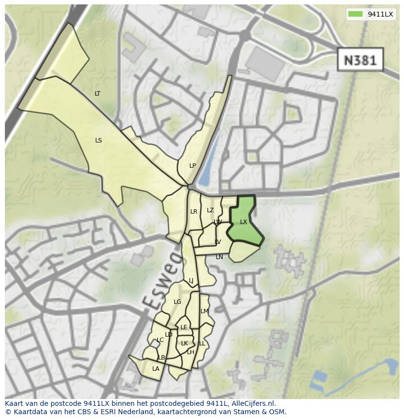 Afbeelding van het postcodegebied 9411 LX op de kaart.