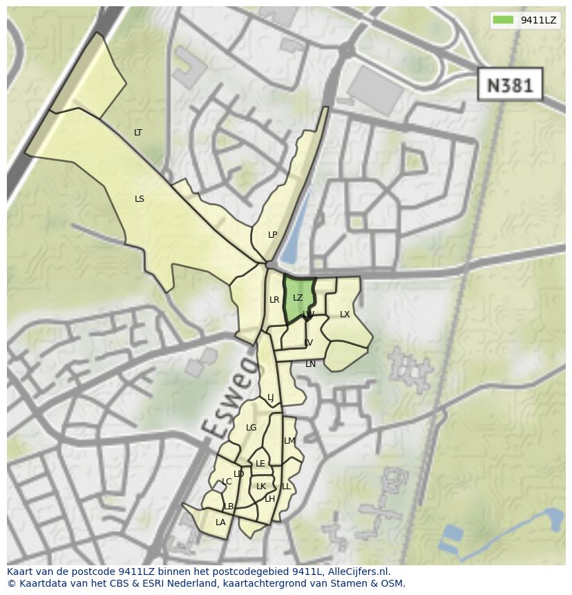 Afbeelding van het postcodegebied 9411 LZ op de kaart.