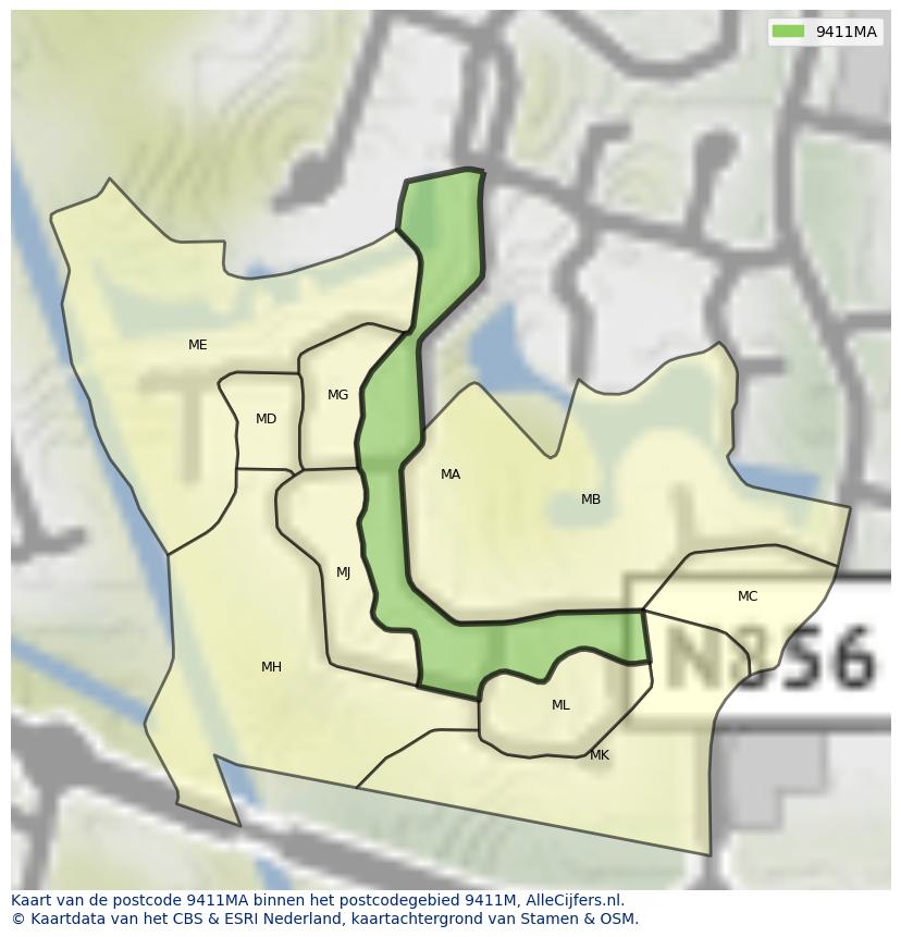 Afbeelding van het postcodegebied 9411 MA op de kaart.