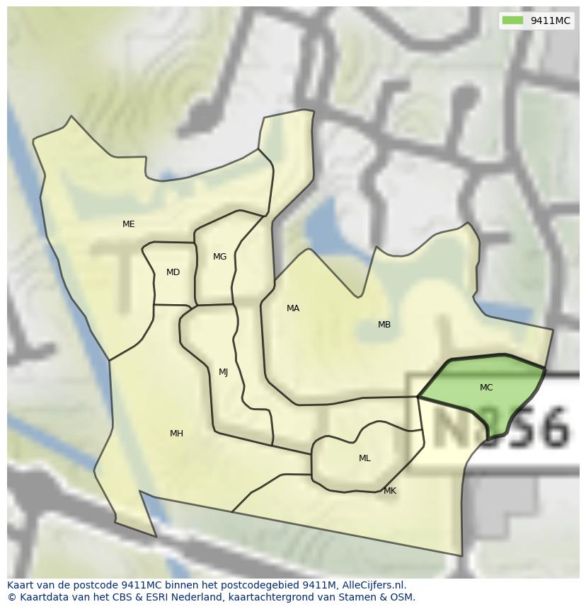 Afbeelding van het postcodegebied 9411 MC op de kaart.