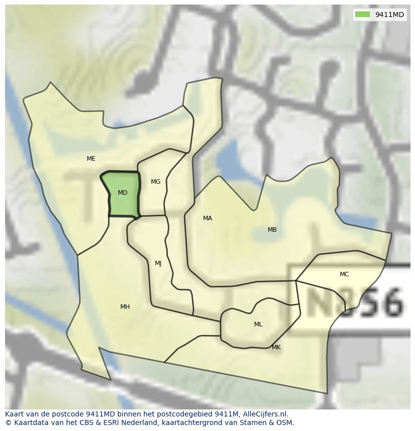 Afbeelding van het postcodegebied 9411 MD op de kaart.