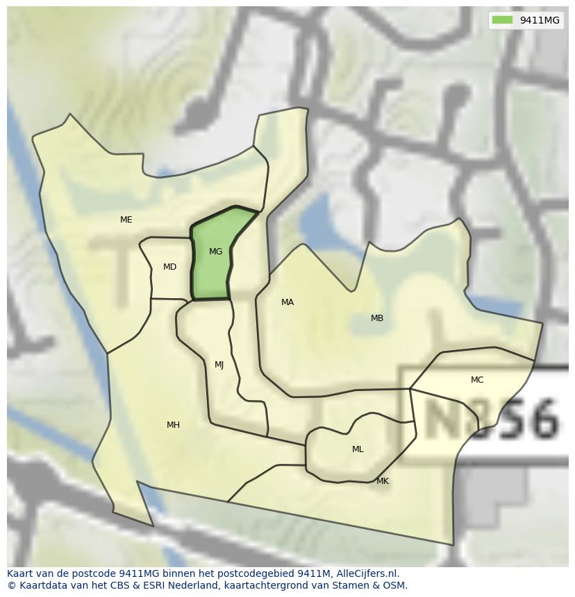 Afbeelding van het postcodegebied 9411 MG op de kaart.