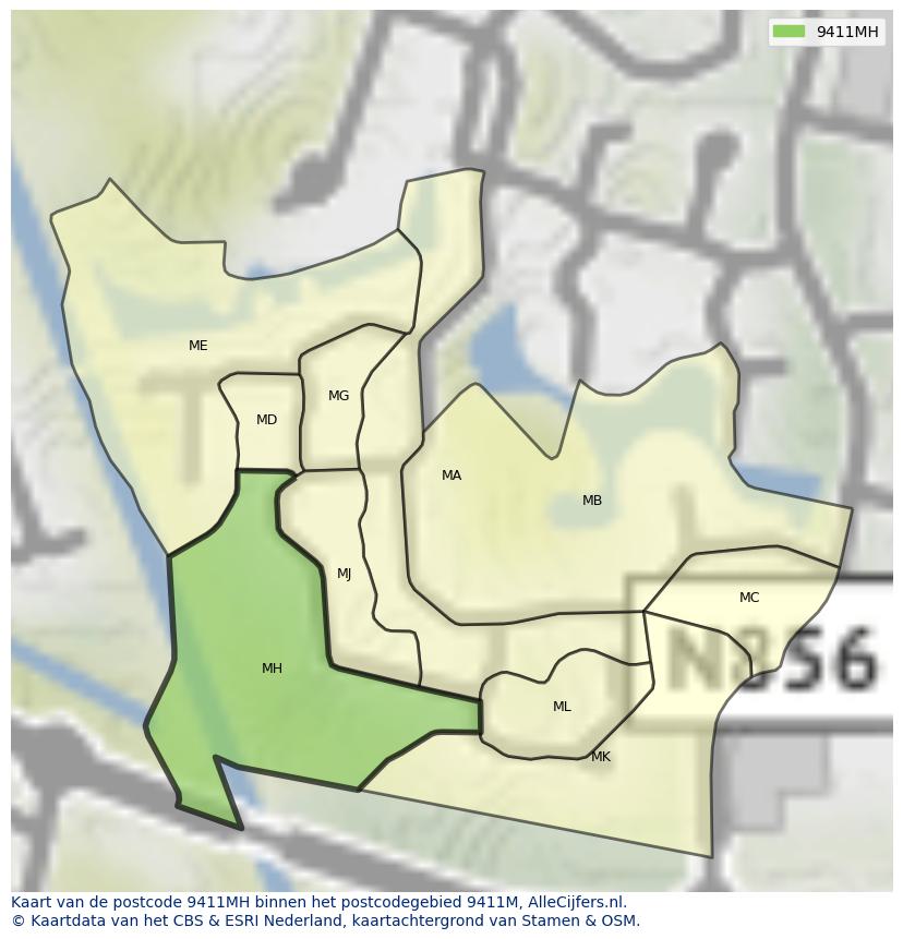 Afbeelding van het postcodegebied 9411 MH op de kaart.
