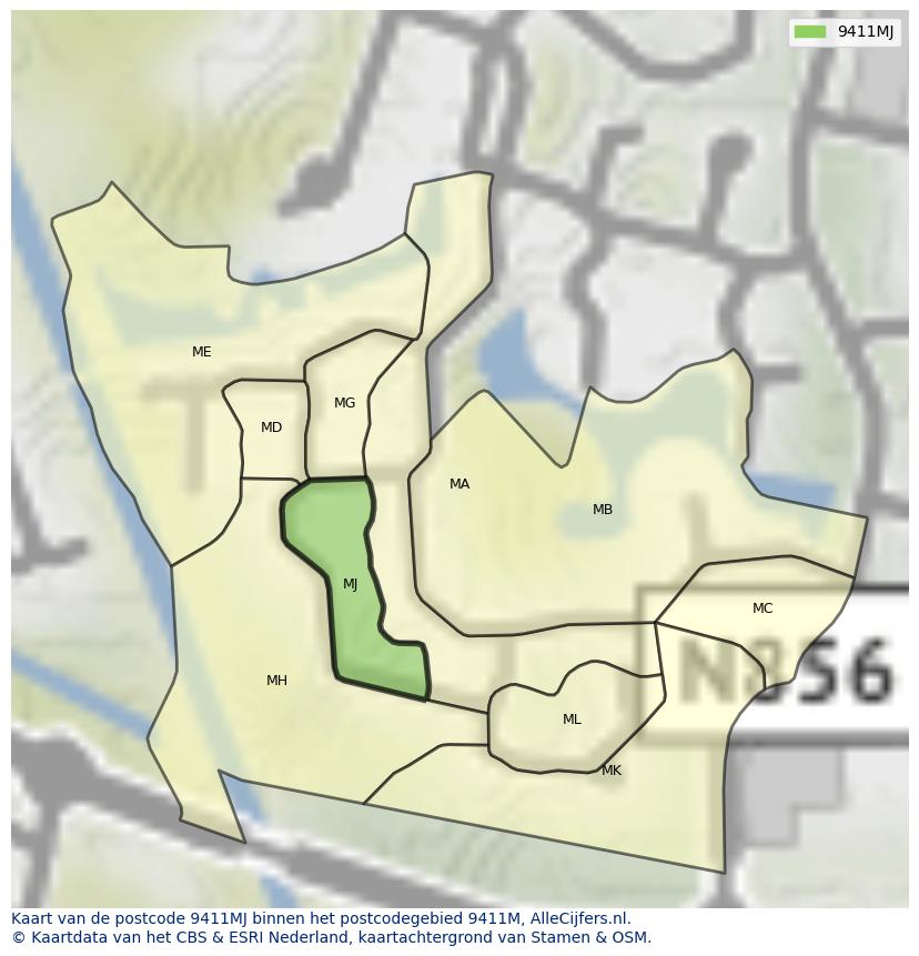 Afbeelding van het postcodegebied 9411 MJ op de kaart.