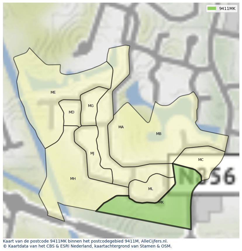 Afbeelding van het postcodegebied 9411 MK op de kaart.