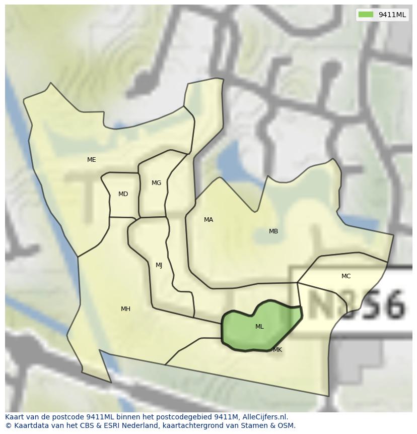 Afbeelding van het postcodegebied 9411 ML op de kaart.