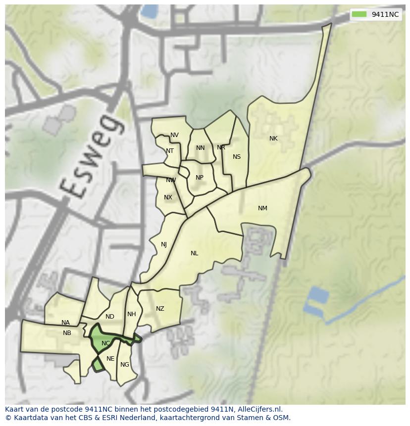 Afbeelding van het postcodegebied 9411 NC op de kaart.