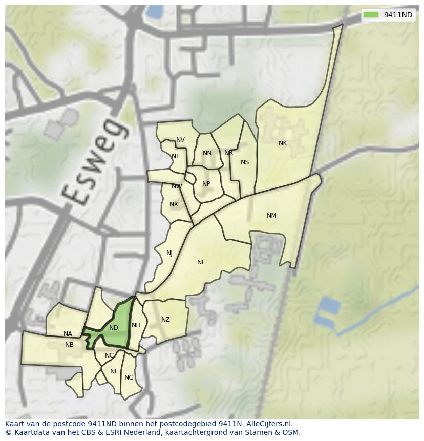 Afbeelding van het postcodegebied 9411 ND op de kaart.