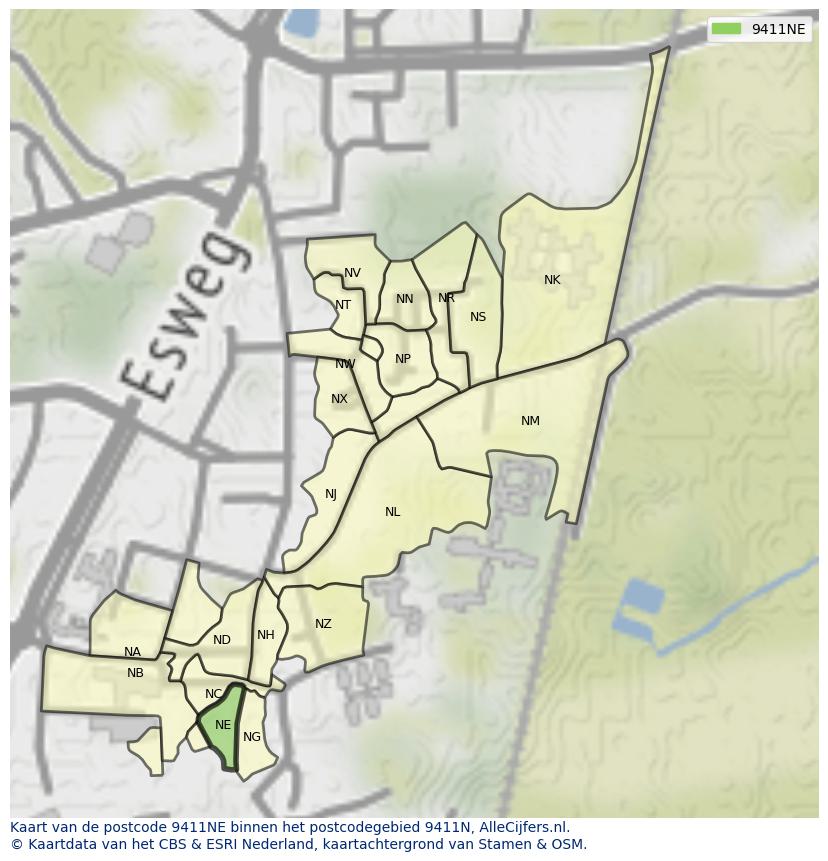 Afbeelding van het postcodegebied 9411 NE op de kaart.