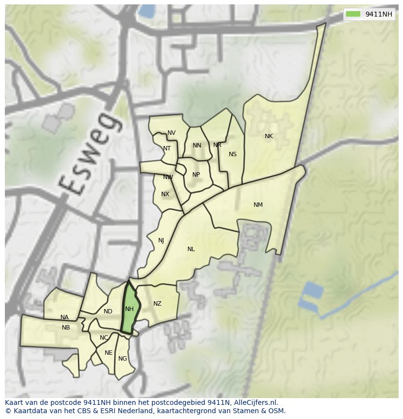 Afbeelding van het postcodegebied 9411 NH op de kaart.