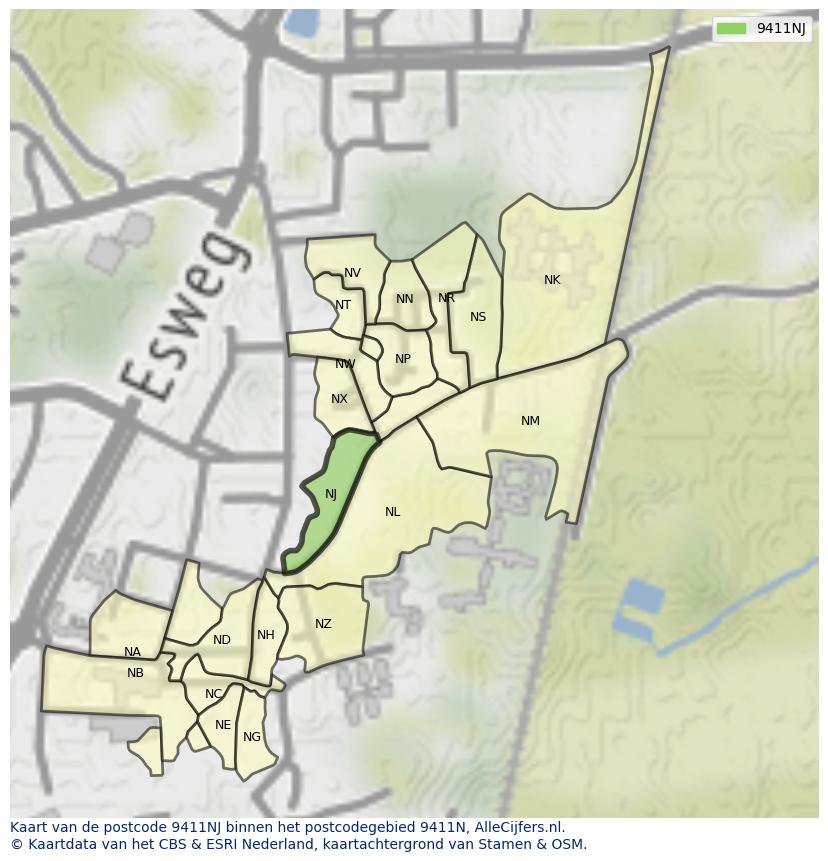 Afbeelding van het postcodegebied 9411 NJ op de kaart.