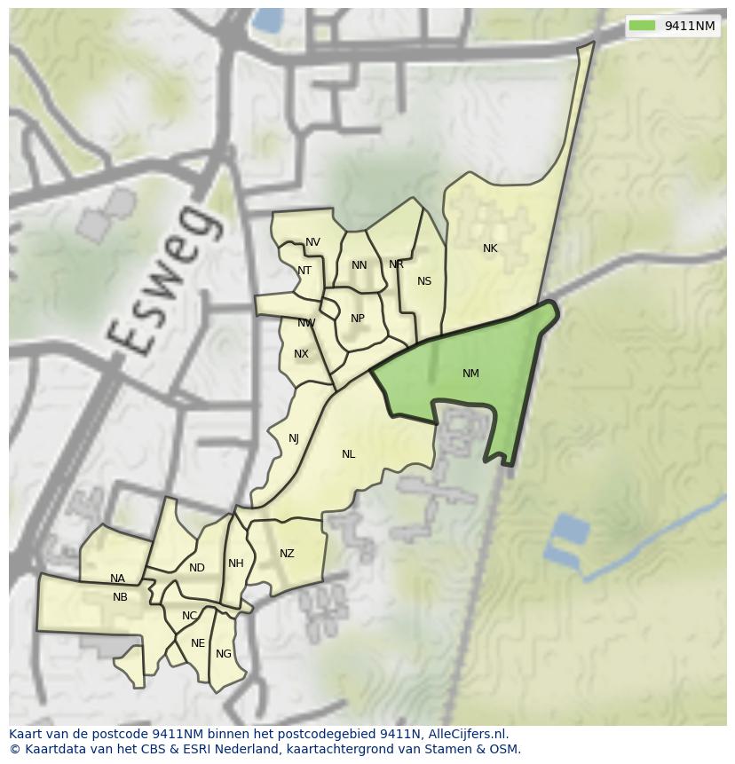 Afbeelding van het postcodegebied 9411 NM op de kaart.