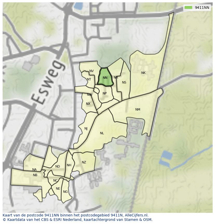 Afbeelding van het postcodegebied 9411 NN op de kaart.