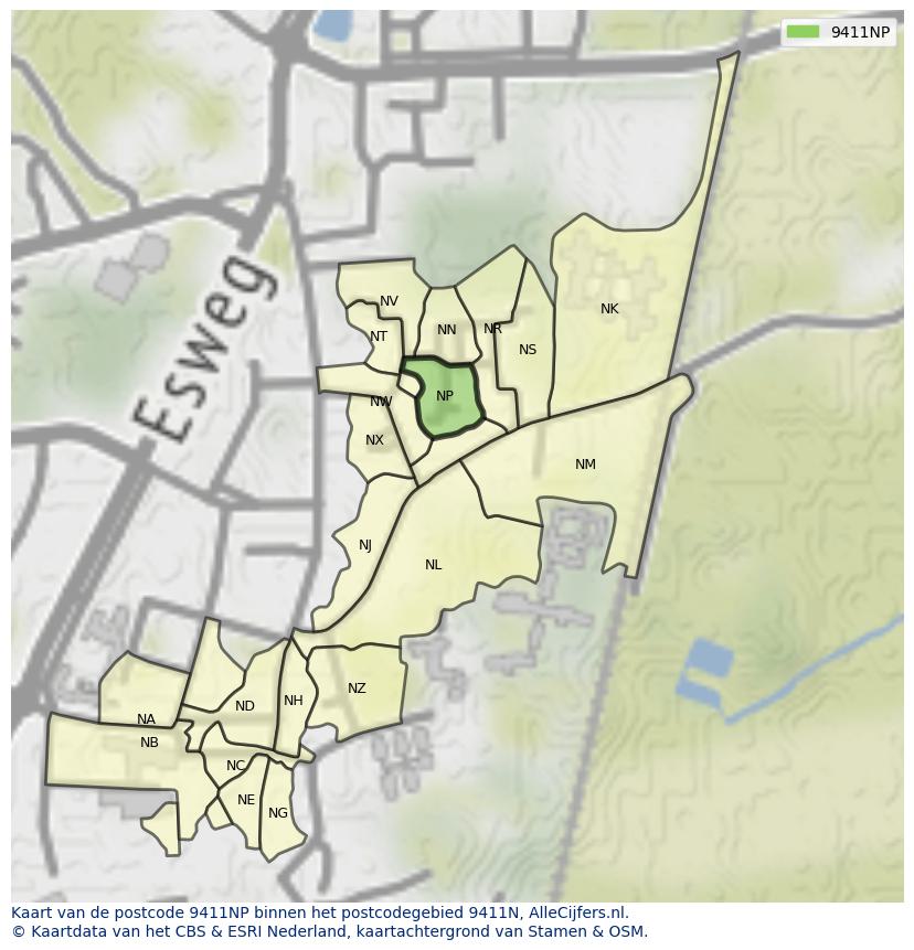 Afbeelding van het postcodegebied 9411 NP op de kaart.