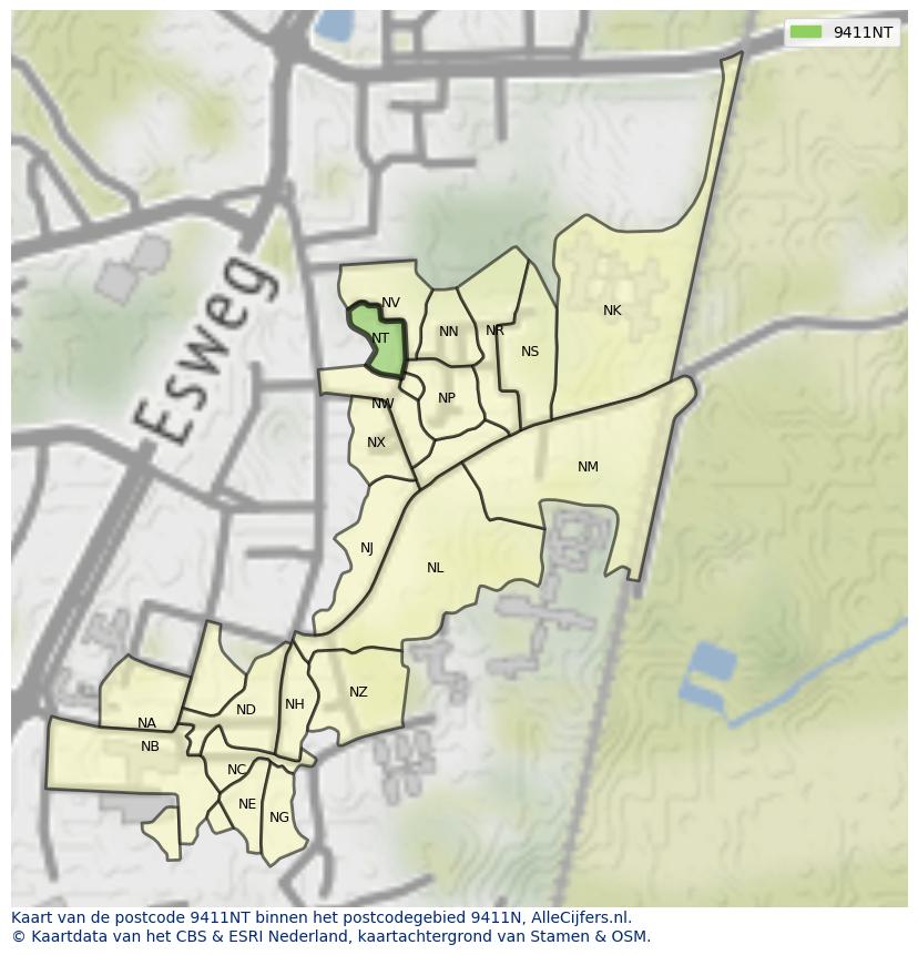 Afbeelding van het postcodegebied 9411 NT op de kaart.