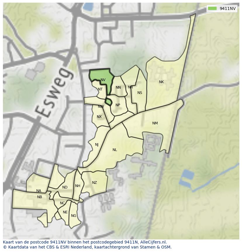 Afbeelding van het postcodegebied 9411 NV op de kaart.