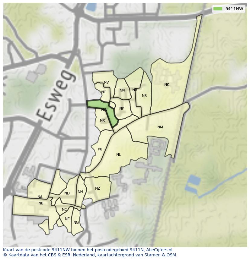 Afbeelding van het postcodegebied 9411 NW op de kaart.