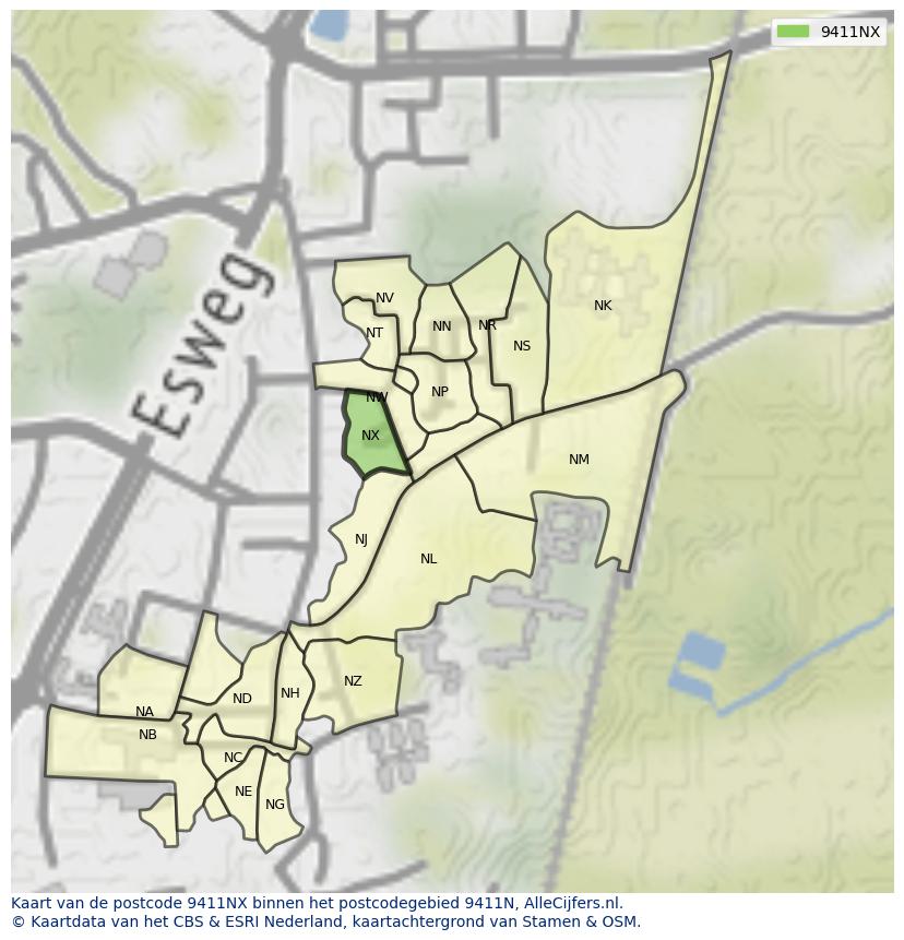 Afbeelding van het postcodegebied 9411 NX op de kaart.